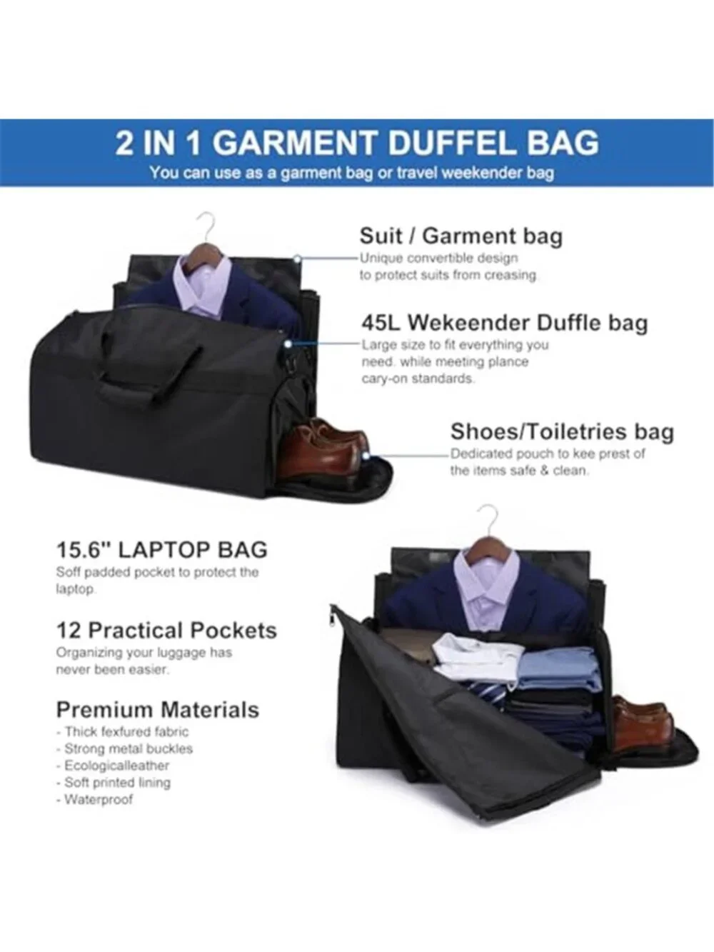 Mens Carry On Garment Bag Convertible Travel Duffel Suit Bag Shoe Compartment